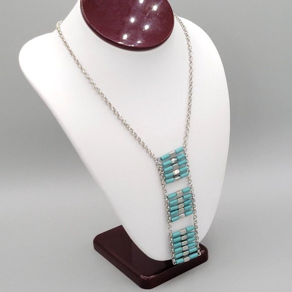 Womens Blue Beads Drop Pendant Silver Tone Round Link Chain Necklace 24 in - Picture 3 of 8